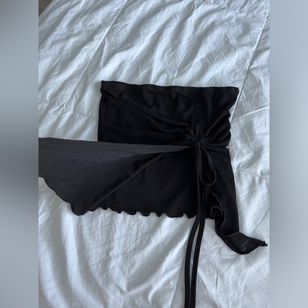 Asymmetric Black Tube Top With slit and ruched tie detail
